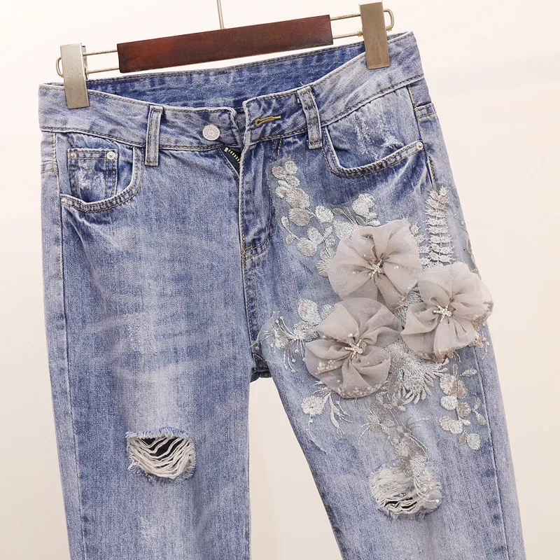 2019 جديد يزين التطريز بلايز + ثقوب الجينز السراويل ازياء الدعاوى النساء 3D زهرة تي شيرت الجينز مجموعات RE2477
