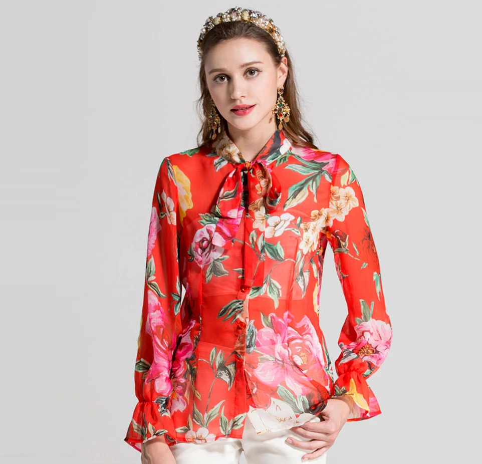 2018 Summer Pretty Floral Print Women Shirts Fashion Bow Full Sleeve