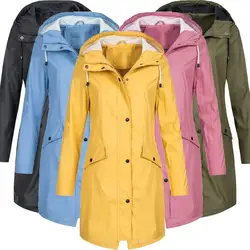 2019 Новое поступление Женская одежда однотонная непромокаемая куртка пальто худи для улицы длинное пальто плюс размер куртки-ветровки для