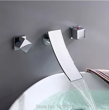 

US Free Shipping Wholesale And Retail Contemporary Chrome Three Holes Two Handles Wall Mounted Waterfall Bathroom Sink Faucet