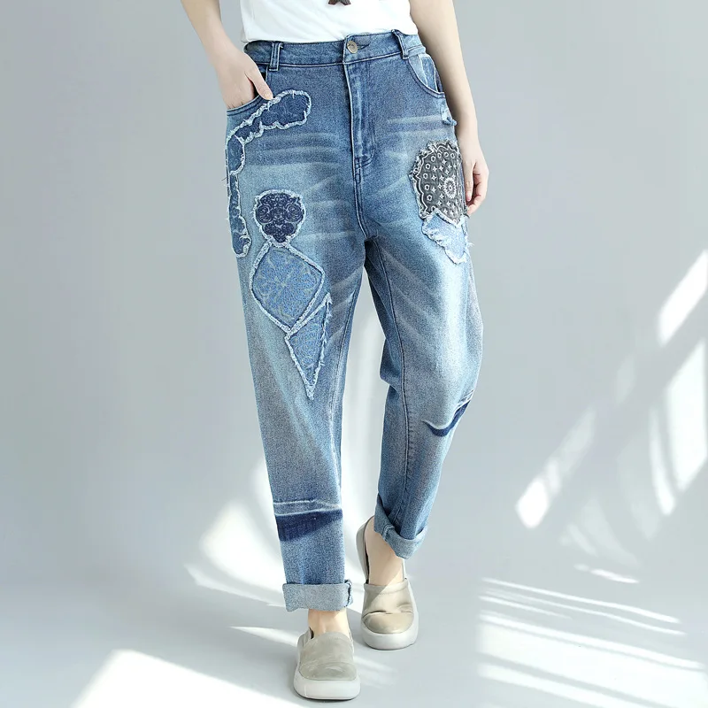 2018 свободные джинсы с эластичной резинкой на талии кросс-Штаны для женщин; Большие размеры Винтаж лоскутные джинсы для Для женщин рваные
