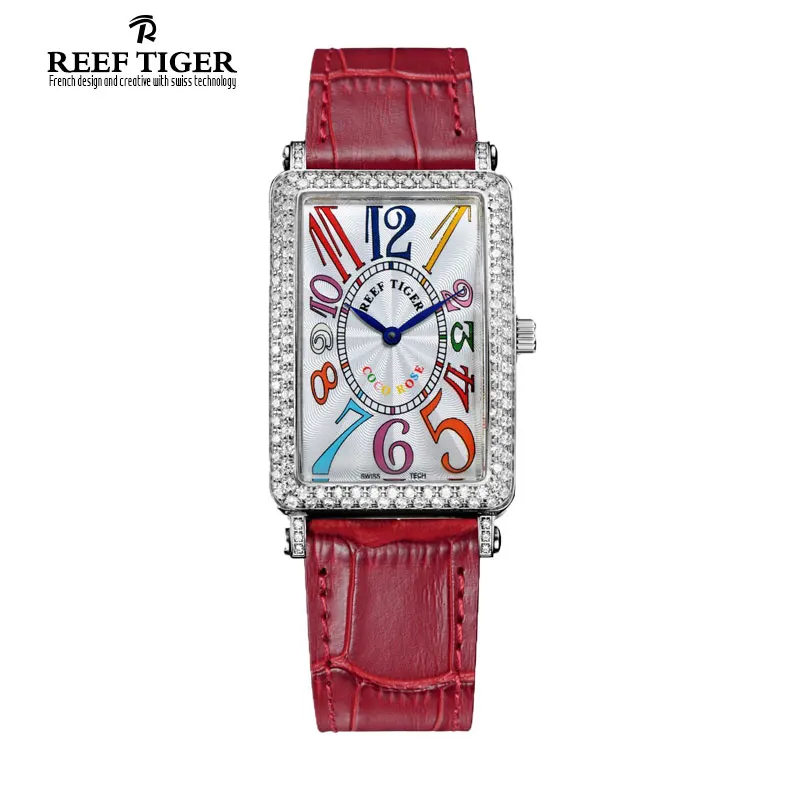 

Relogio Feminino Reef Tiger Brand Watches Fashion Luxury Lady Watch Diamonds Leather Rectangular Quartz Arabic Numeral Watches