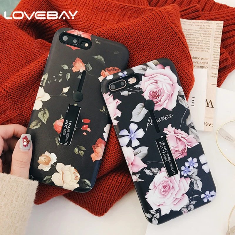 

Lovebay Phone Case For iPhone X XR XS Max 8 7 6 6s Plus Retro Classical Flowers Painting Funny Stretch Ring Stand Cover Cases