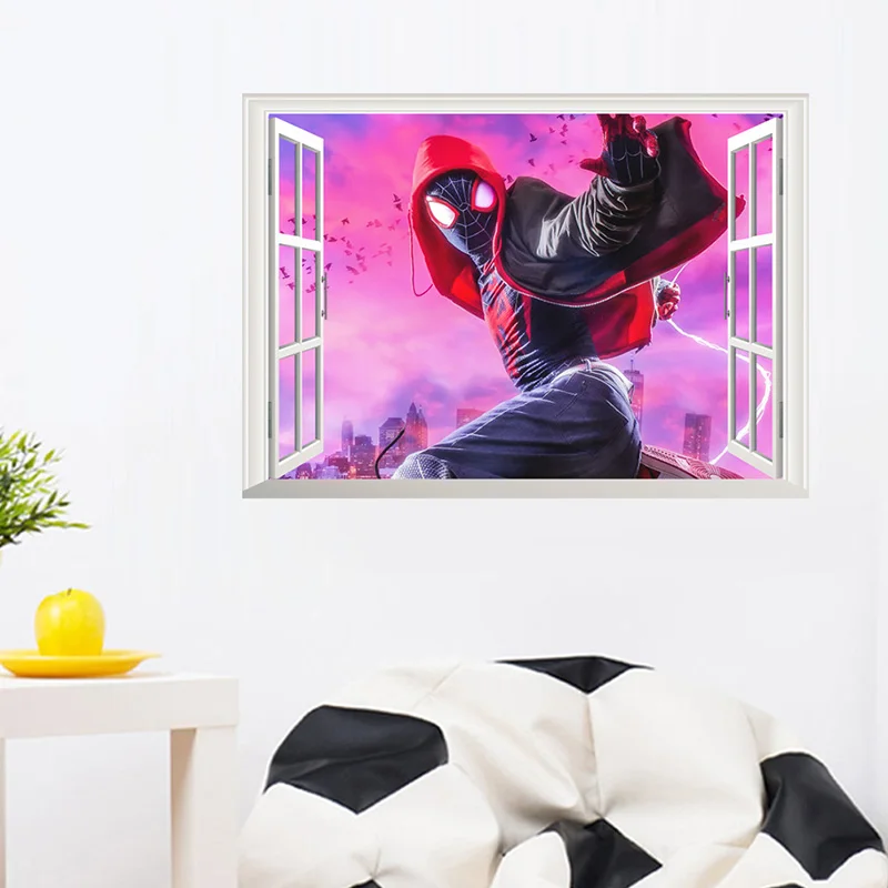 Marvel Spiderman 3D View  Wall Stickers For Kids Room Boy Bedroom Accessories Broken Wall Super Heroes Mural Art Decals