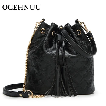

OCEHNUU PU Leather Bucket Shoulder Bag Women Chain Vintage Handbags Ladies Crossbody Bags Tassel Drawstring Girls Messenger Bags