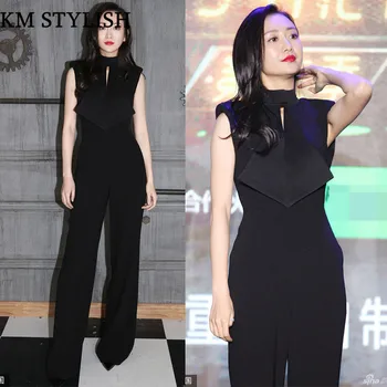 

2018 New Elegant Ladies Formal Jumpsuits Full Length Regular Solid Hollow Out Chiffon Temperament Black Straight Siamese