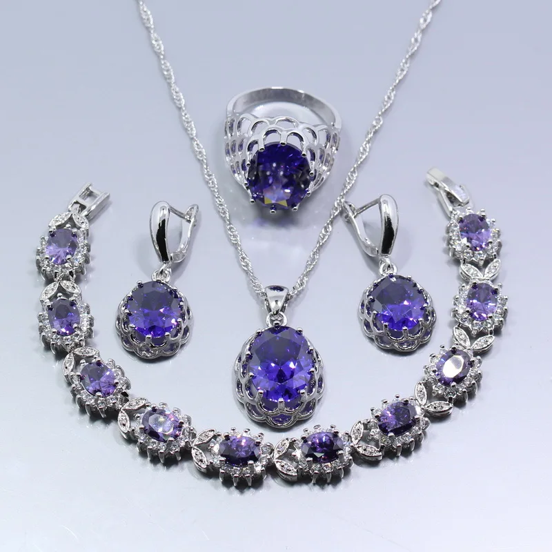 Charming 4PCS 925 Sterling Silver Wedding Jewelry Set Flower Purple