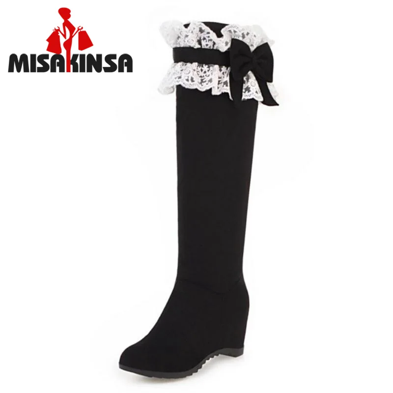 

FITWEE Size 34-43 Women Long Boots Thick Fur Wedges Knee Boots Round Toe Bowtie Lace Sweet Korean Shoes Woman Footwear