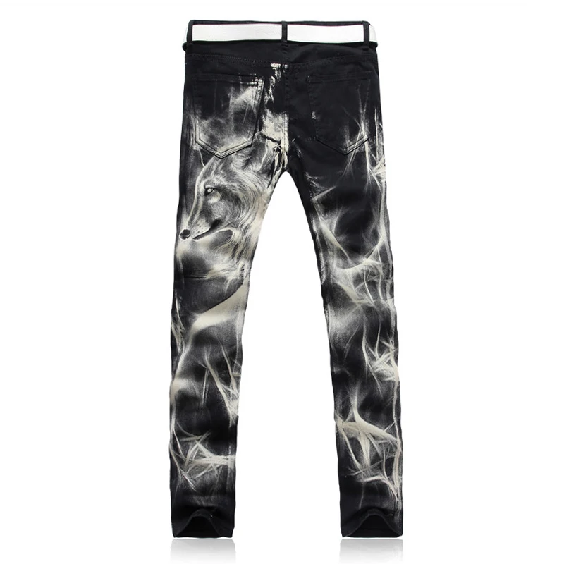 Men's Fashion Wolf Printed Denim Jeans New Spring Summer Slim Black Painted Straight Pants Cool Streetwear Male Long Trousers