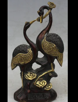 

zhmui88002661<+8" Chinese Folk Bronze Gild red-crowned crane Bird glossy ganoderma Ru Yi Statue
