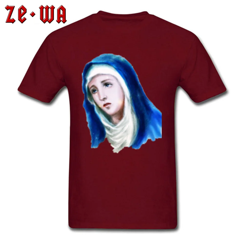 Fitted Men's T Shirt Virgin Mary Painting Printed On Tops Tees Pure Cotton Short Sleeve Classic T-shirts Crewneck Virgin Mary Painting maroon