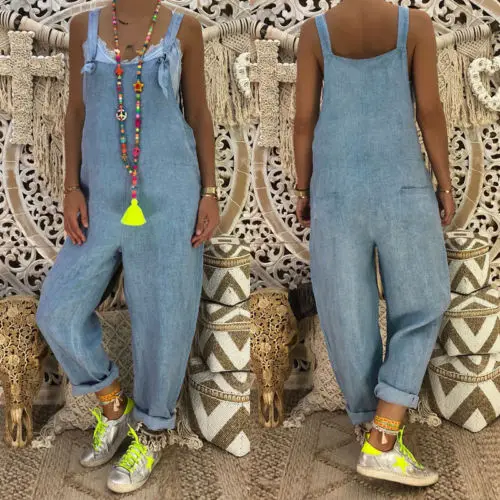 Fashion Women Sleeveless High Street Playsuits Overalls Straps Jumpsuit Romper Straight Trousers NEW Plus Size S-2XL