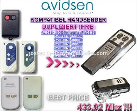 

Avidsen garage door replacement remote 100400,100550,400600,100951,100955,104505,100601 micromark MM23164