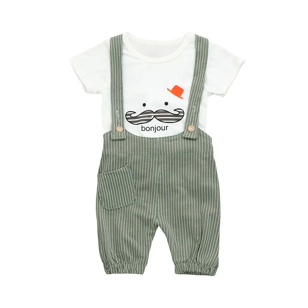  CHAMSGEND 2Pcs Toddler Baby Boys Summer Beard Print Short Sleeve T shirt Stripe Overalls Outfits Bo