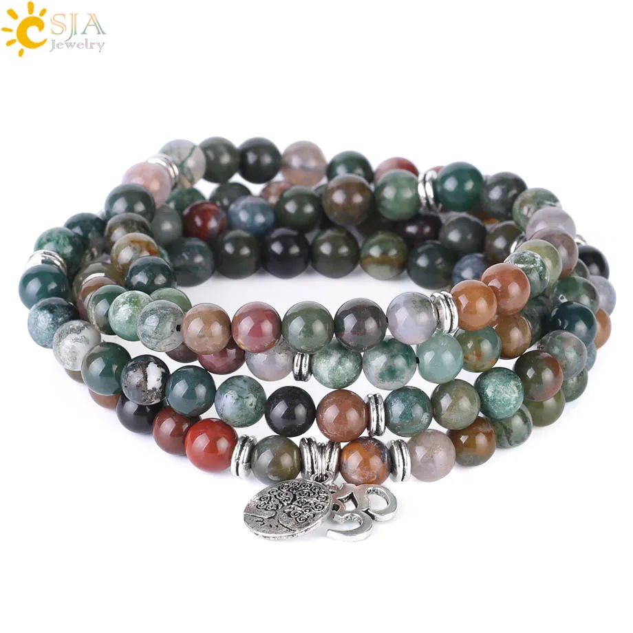 

CSJA Healing Balance Bracelet Indian Agates Natural Stone Gem Yoga Prayer OM AUM Devil Eye Charms 108 Bead Bracelets Bangle F407