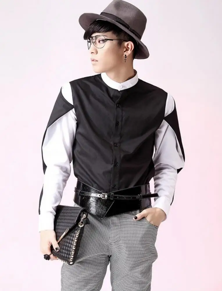 

S-5XL ! 2016 Men's clothing new fashion color block shirt decoration personalized batwing sleeve shirt plus size singer costumes