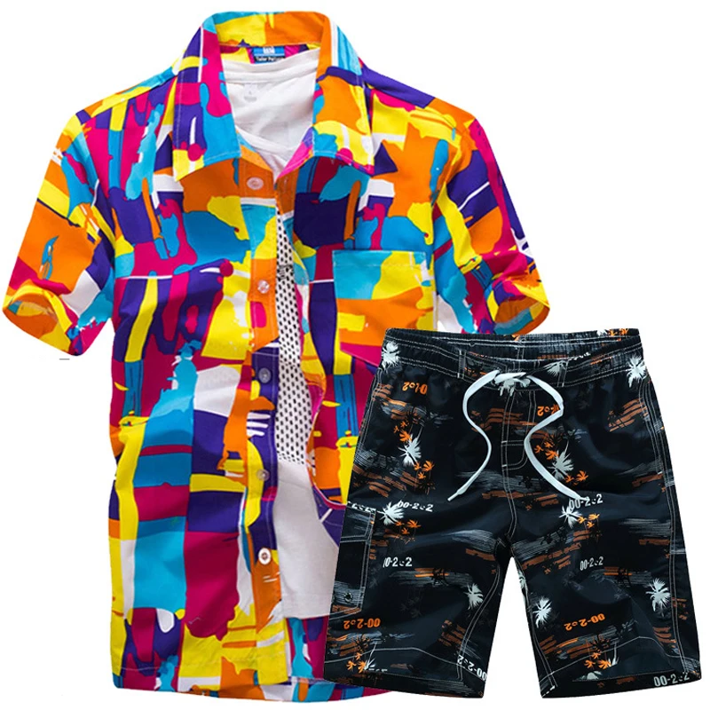 Мужские Гавайские рубашки комплект 2020 цветочные + пляжные шорты с рисунком - Фото №1