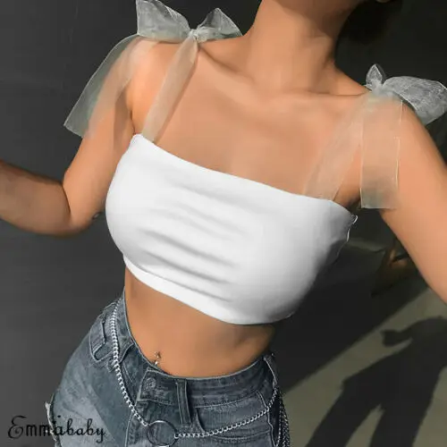 Women Bandage Off Shoulder Lace-up Tank Vest Boob Tube Crop Tops Bralet Sheer Mesh Strap Patchwork Bandeau Bralette Camis Tank