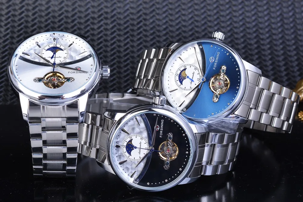 dial aço inoxidável casual moonphase ouro mecânico