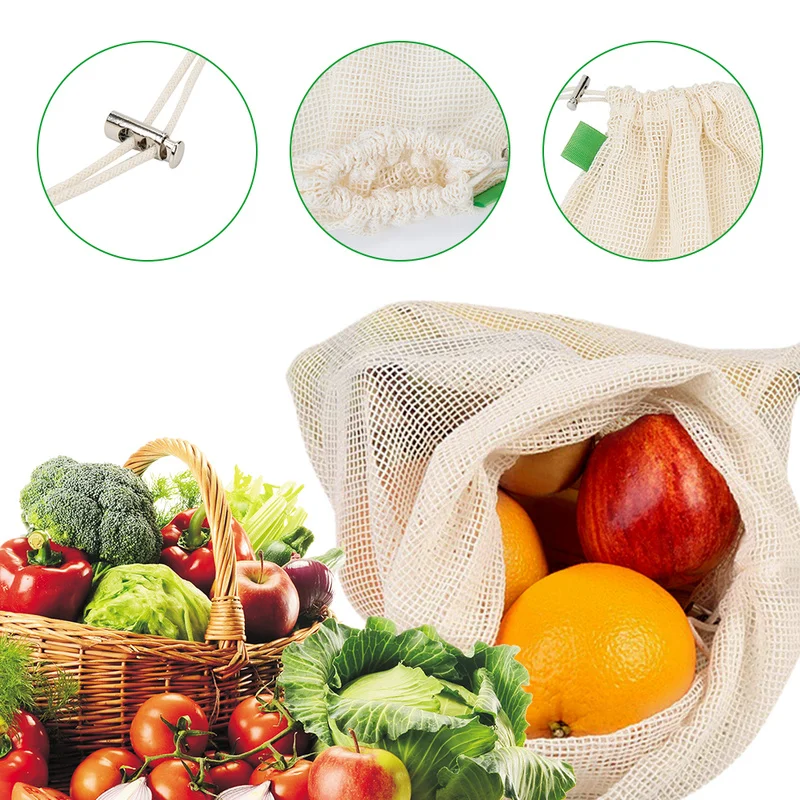 7 шт./лот многоразовые сумки для хранения органический хлопок сетка для кухни овощи фрукты организации мешок с шнурком эко-мешок