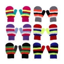 KLV, 1 пара детских перчаток, зимние теплые вязаные разноцветные полосатые рукавицы для новорождённых младенцев, детские варежки для мальчиков и девочек