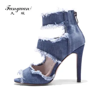 

Fanyuan Summer Casual Concise High Heels Fashion Peep Toe High-Heeled Denim Sandals Zipper Tassel Cutouts Gladiator Shoes