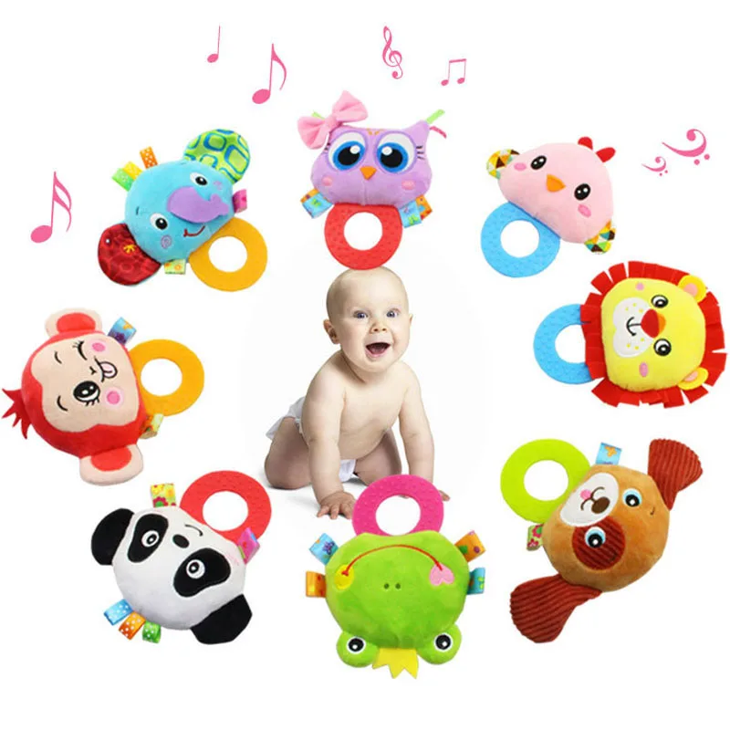

Cartoon Animals Baby Hand Bell Rattle Toys Owl Dog Ring Teether Rattles Soft Plush Doll for Newborn Infant Educational Toy