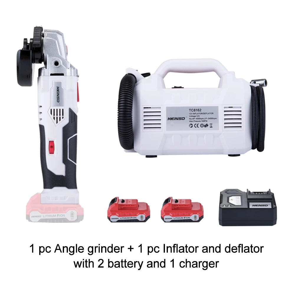 

Keinso 12V power tools set Inflator and deflator and Angle grinder with two lithium battery and one charger