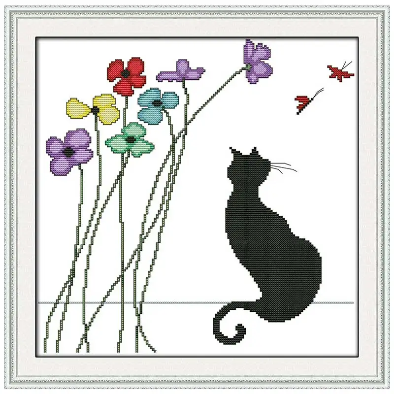 

Black cat and flowers Patterns Counted Cross Stitch 11CT 14CT Cross Stitch Set Wholesale Cross-stitch Kit Embroidery Needlework