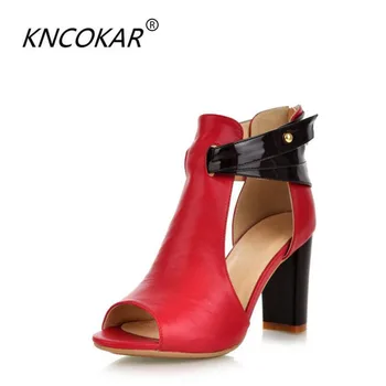 

KNCOKAR 2018 Summer new style fashionable and comfortable color fish mouth genuine leather high heel big zip female shoes