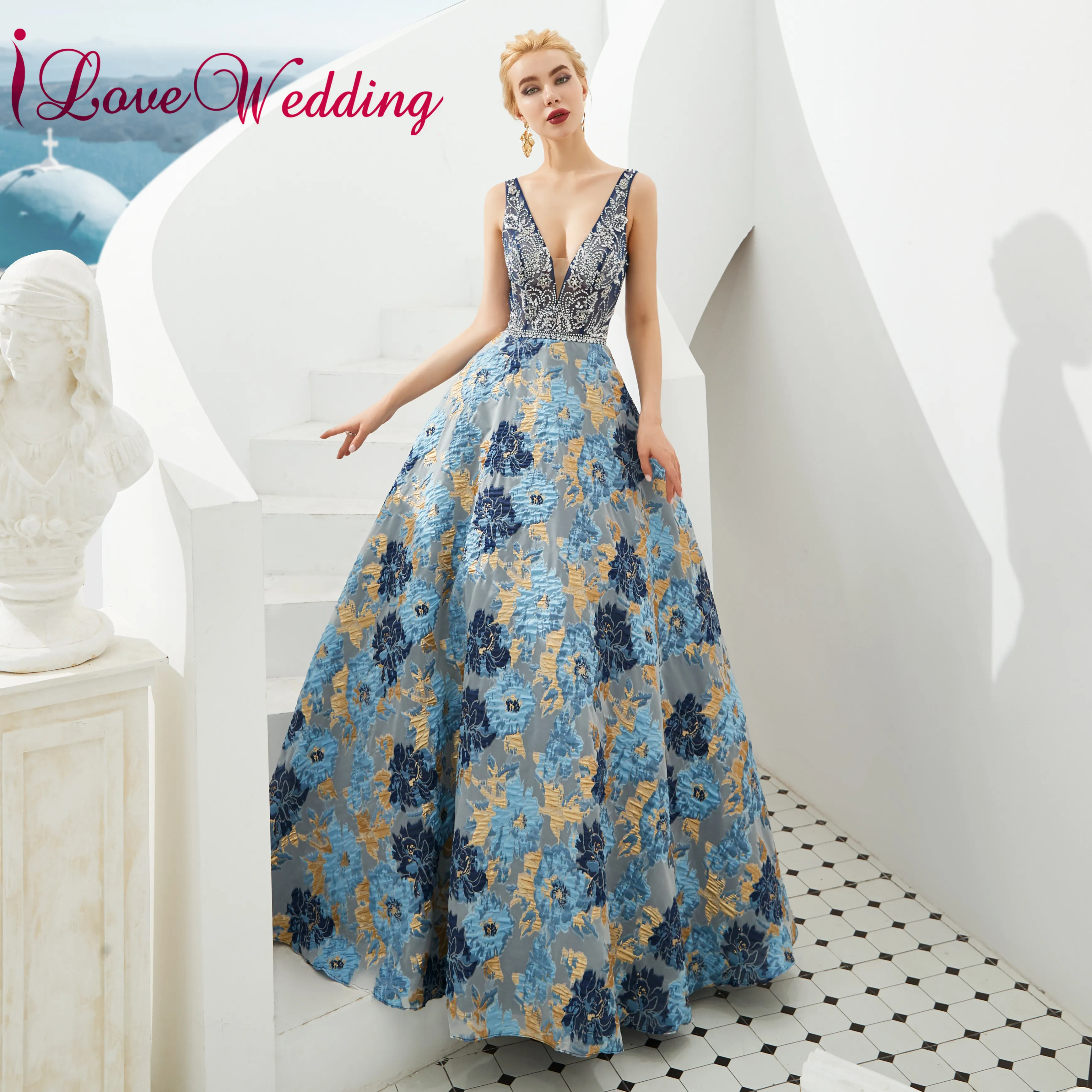 

New Fashion 2019 Sexy v Neck Crystal Beaded Evening Dress Formal Long Floral Pinted A Line Luxury Evening Gown