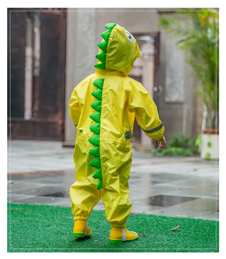 От 2 до 9 лет, детский Модный водонепроницаемый комбинезон, дождевик с капюшоном, с рисунком динозавра, детский цельный дождевик, детский туристический дождевик