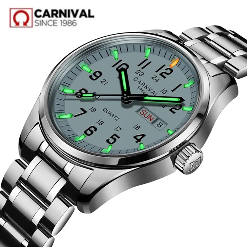 $79.87 Carnival Tritium Light Men Watch Quartz Double Calendar Date Tritium Luminous Waterproof 200M Milit