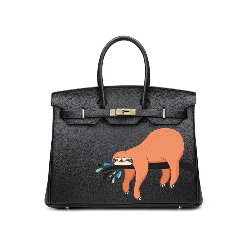 

2019 Europe Graffiti Design Black 35CM Genuine leather Litchi Grain With Gold Hardware