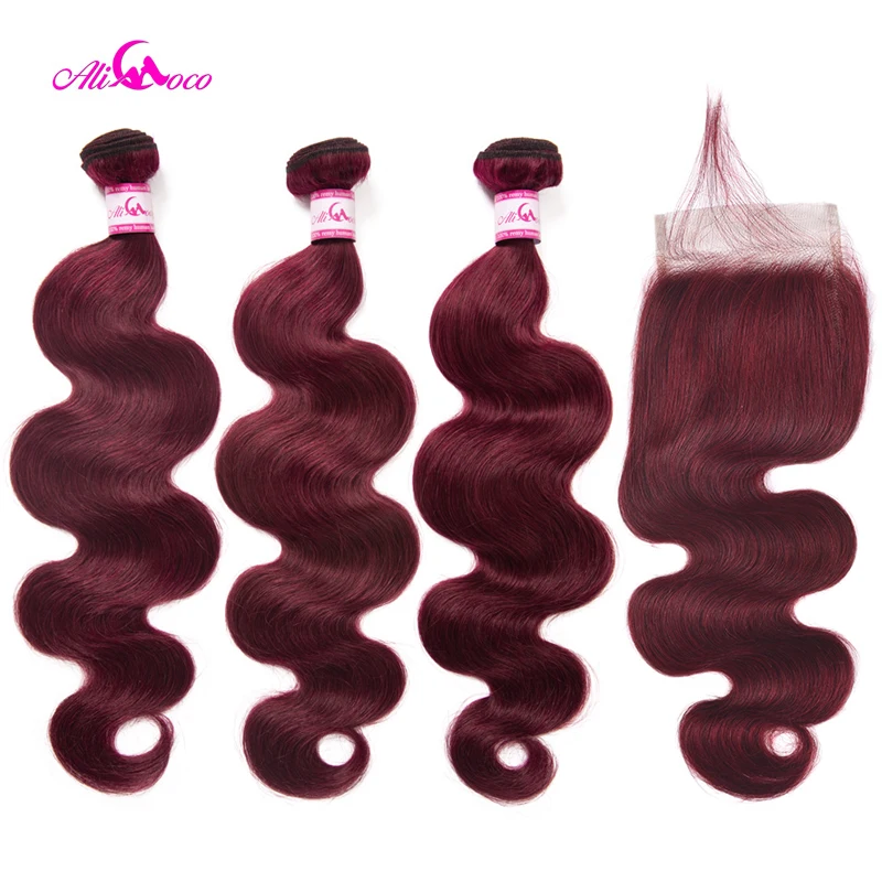 

Ali Coco Brazilian Body wave Burgundy Hair Bundles #99 Bold Red With Closure Human Hair Bundle Deals Remy Hair Extensions