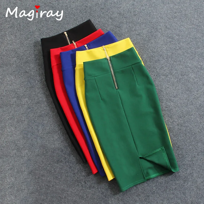 Magiray High Waist Elastic Pencil Skirt Female Bodycon Skirts Womens Summer 2020 Knee Length Back Split Ladies Office Saia C571