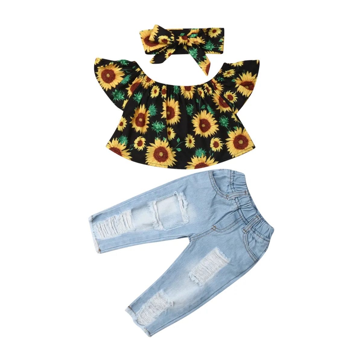 

Toddler Infant Kids Baby Girl Clothing Sets Floral Off Shoulder Crop Top Denim Jeans Pants Children Outfit Clothes