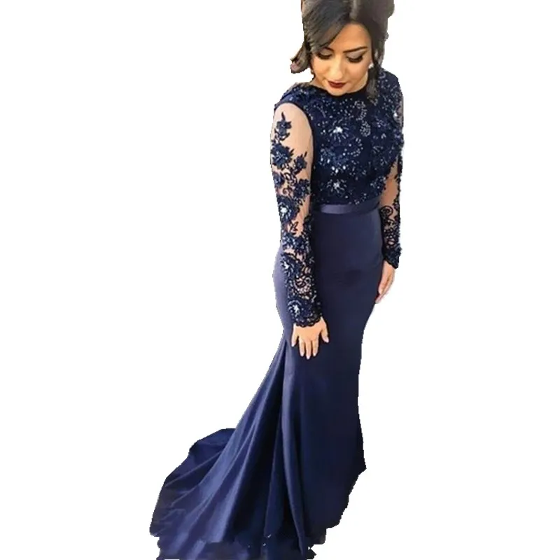 Navy Blue High Neck Lace Mermaid Party Gowns 2018 Long Sleeves Appliqued Evening Dresses Long Prom Dress vestido longo festa