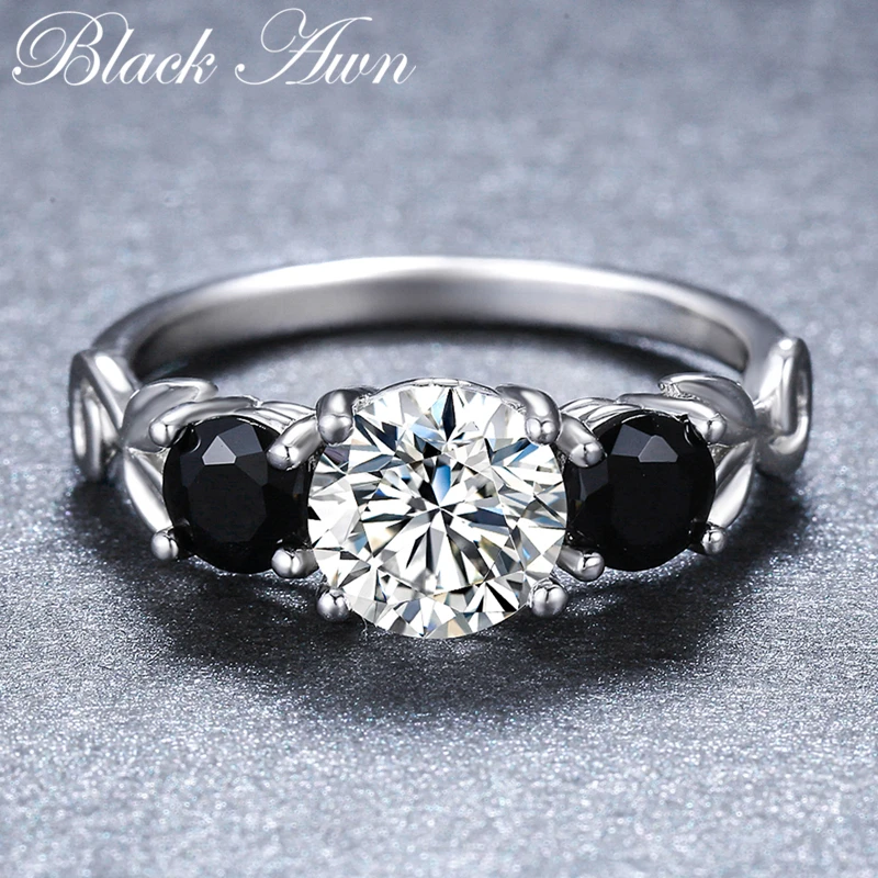 

[BLACK AWN] Round Real 925 Sterling Silver Ring Black Spinel Finger Elegant Rings for Women G090