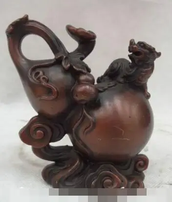 

S01359 Chinese Pure Bronze Buddhist Dragon Unicorn PiXiu On RuYi Gourd Cucurbit Statue