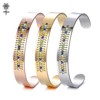 

Fashion Rose Gold Stainless Steel Women Jewelry Cuff Seed Bead Open Bangle 3 Colors Bracelets 10pcs/lot M-001*10
