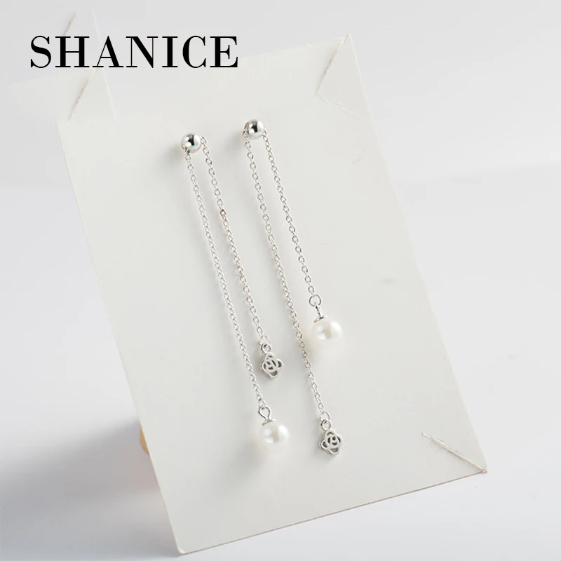 

SHANICE 925 sterling silver pearl drop earrings Personality geometric One-type needle creative ear line ear chain allergy free