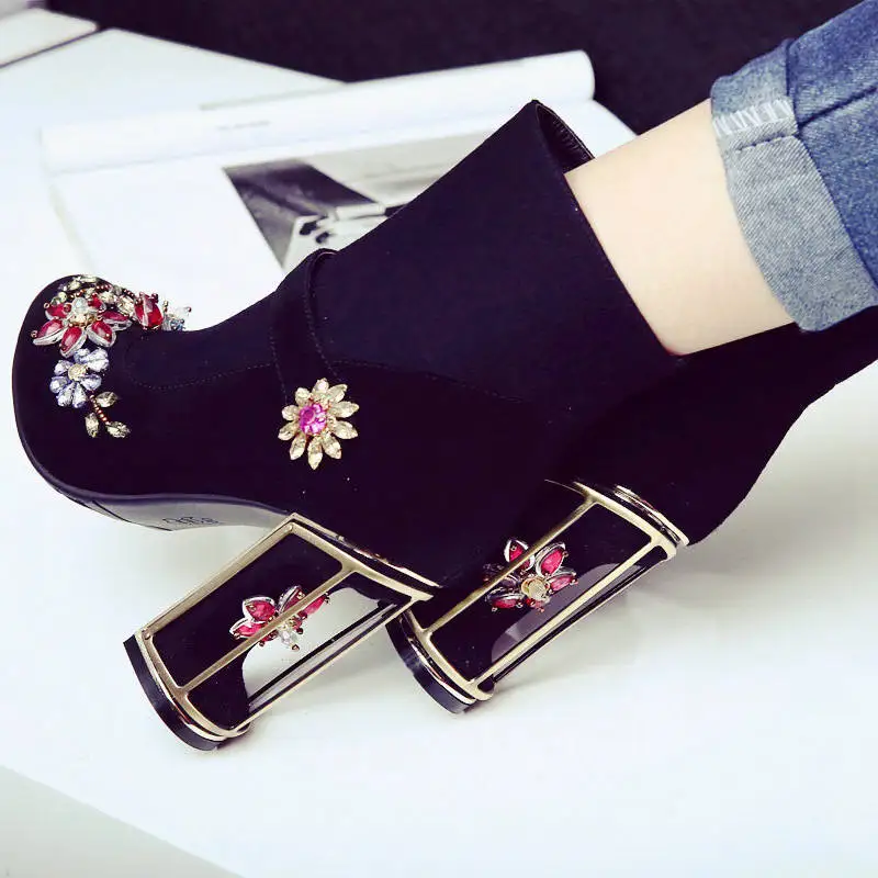 

Retro Womens Rhinestone Suede Mid Calf Boots Lady High Chunky Heel Party Shoes C68