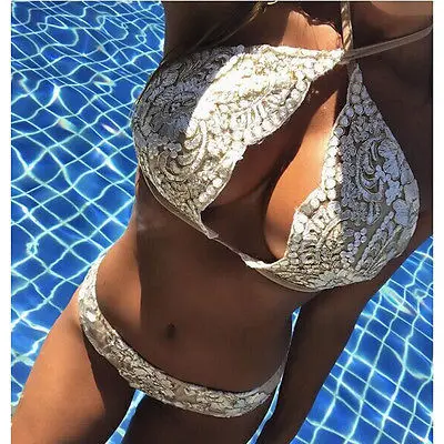 

hirigin Summer Sexy Women Bikini Set Bandage Push-Up Lace Floral Brazilian White Swimwear Swimsuit Beachwear Bathing Suits
