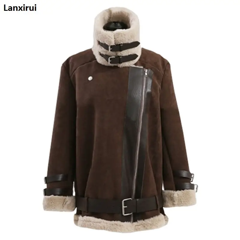 Finest  Winter High -Quality Jacket Female Suede Lamb Keep Warm Wool Coat Motorcycle Lapels Coat Female Thi