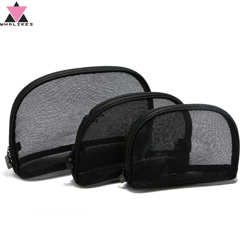 

WHOLIKES Women's Fashion Black Mesh Cosmetic Bag Transparent Lace Large Capacity Cosmetics Organizer Hand Travel Toiletry Bag