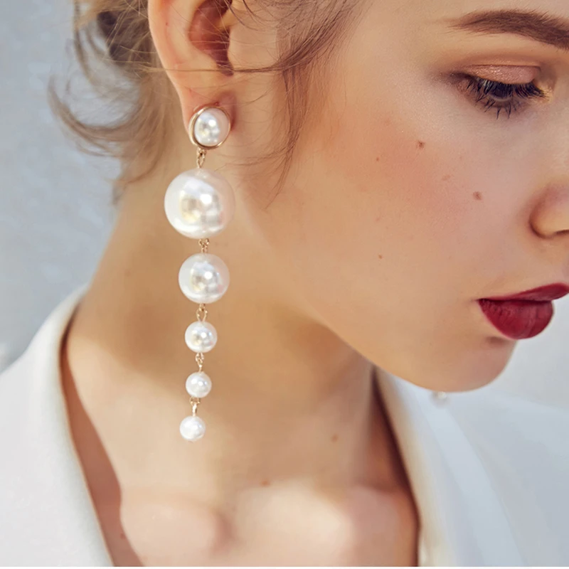 

2019 Trendy Elegant Created Big Simulated Pearl Long Earrings Pearls String Statement Drop Earrings For Women Wedding Party Gift