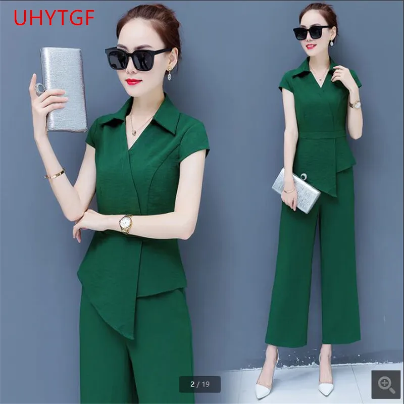 

Women fashion costumes Blouse and pant set 2018 womens elegant Two pieces set Summer set of women's Wide leg pants suit R136