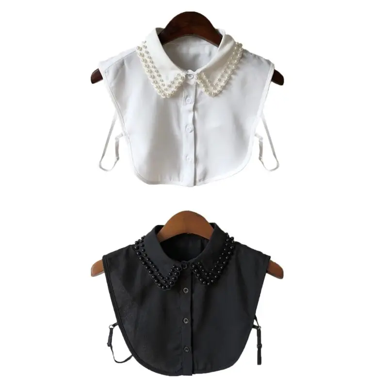 Women New Fashion Pearl Chiffon Collar Shirt Fake Tie Vintage Detachable False Lapel Blouse Top Cloth |