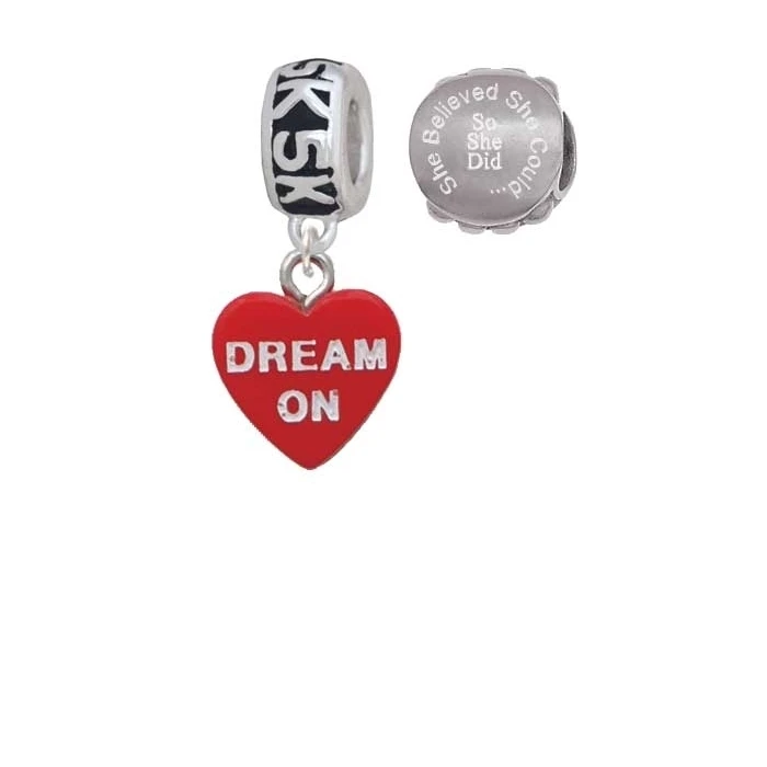 Acrylic Red Dream On / Bite Me Heart 5K Run She Believed She Could Charm Beads (Set of 2)